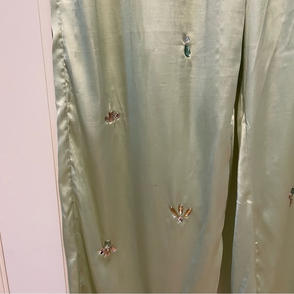 Anthropologie Bejeweled Light Green Satin Silky Pajama Pants - Picture 5 of 6